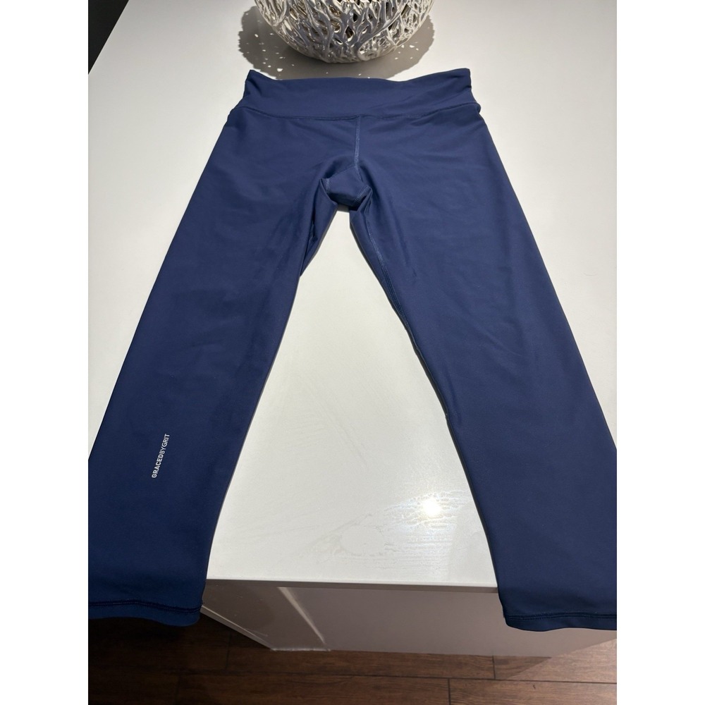 Graced By Grit Womens Athletic Workout‎ Cropped Leggings Navy Blue Activewear